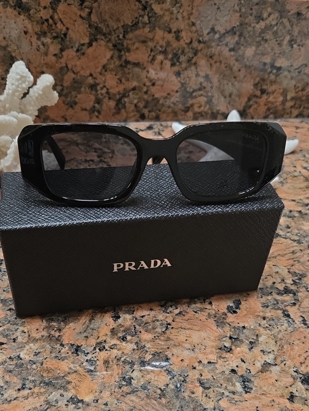 Prada Black Rectangular Men's Sunglasses with Dark Lenses